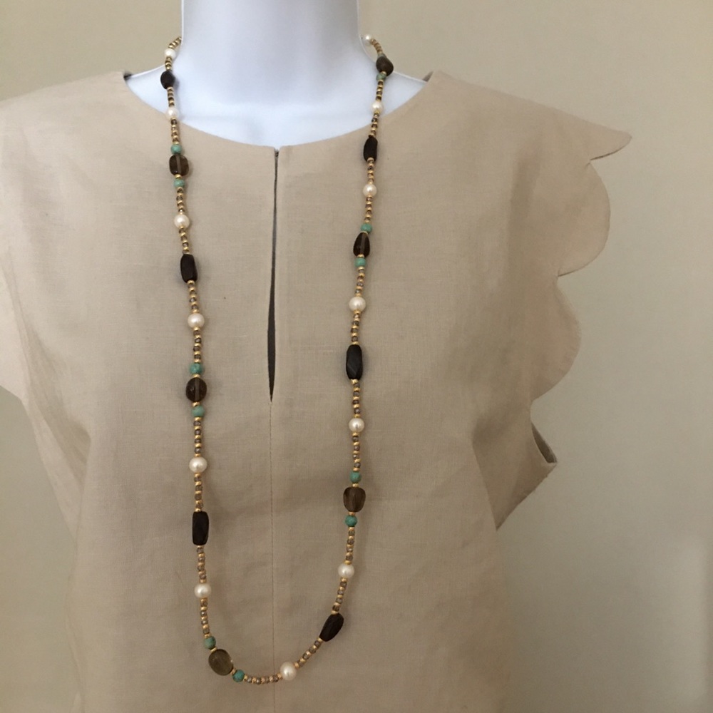 Freshwater pearl, turquoise & horn long necklace - Picture 2 of 6
